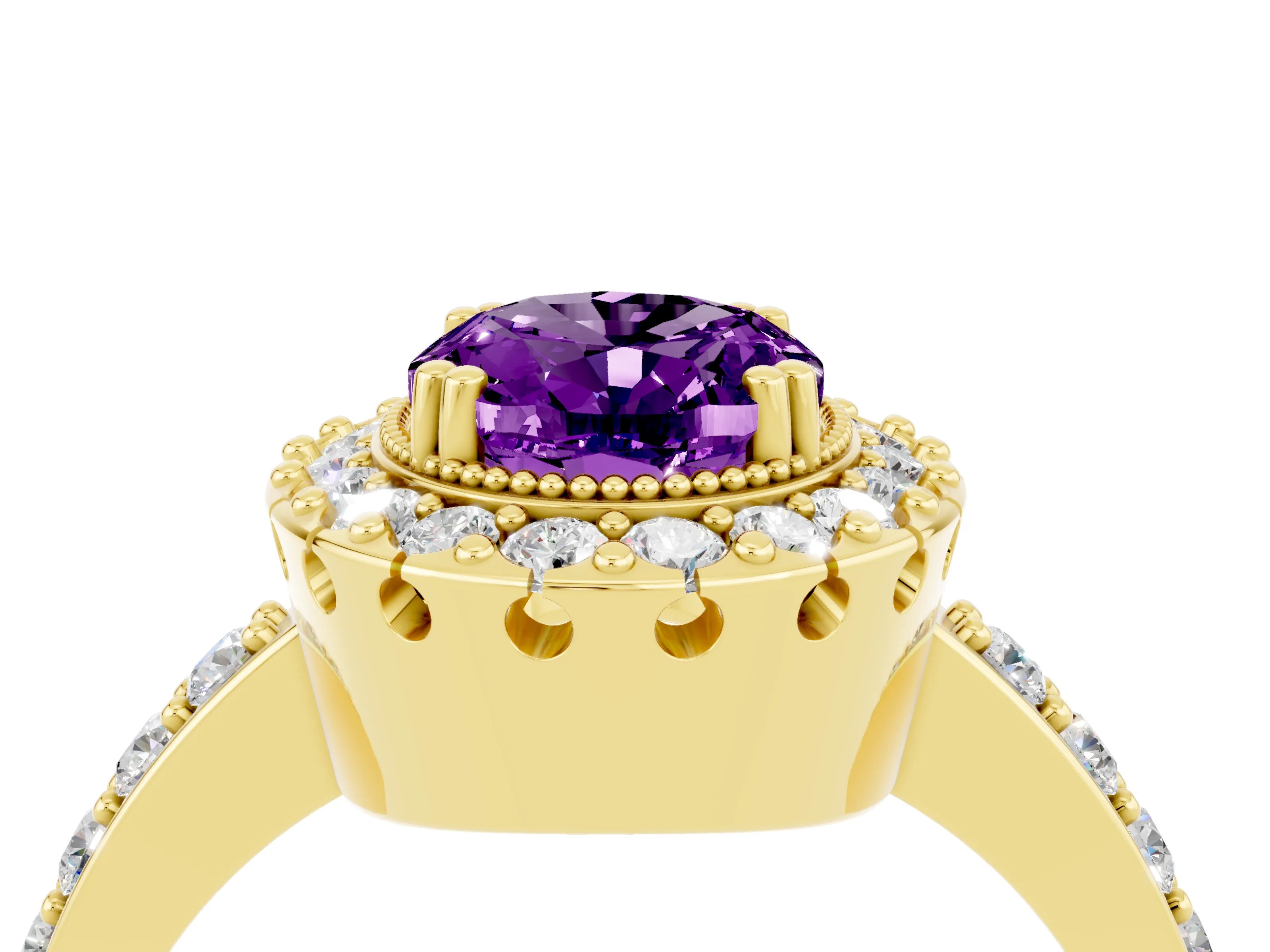 Yellow gold Oval Cut Diamond Halo Ring with Pavé Band and Prong Setting_4