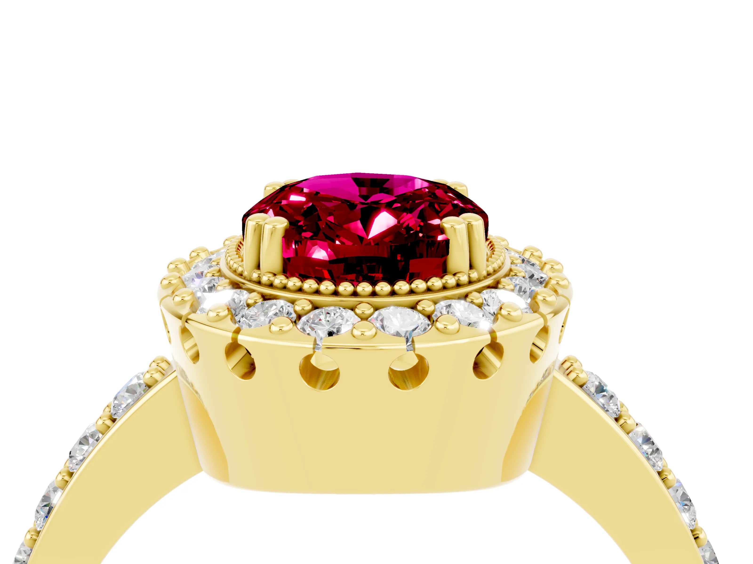 Yellow gold Oval Cut Diamond Halo Ring with Pavé Band and Prong Setting_4