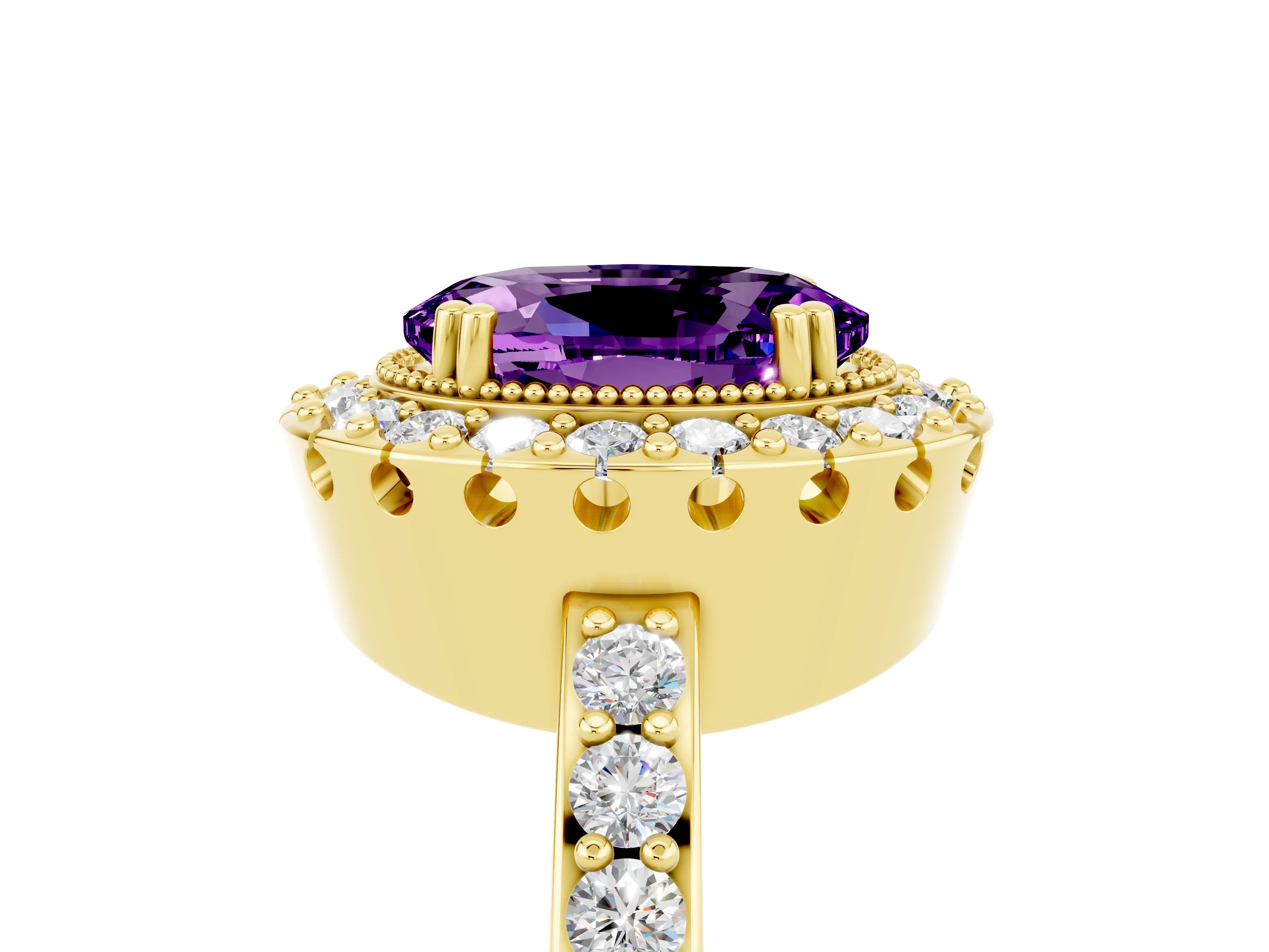 Yellow gold Oval Cut Diamond Halo Ring with Pavé Band and Prong Setting_5