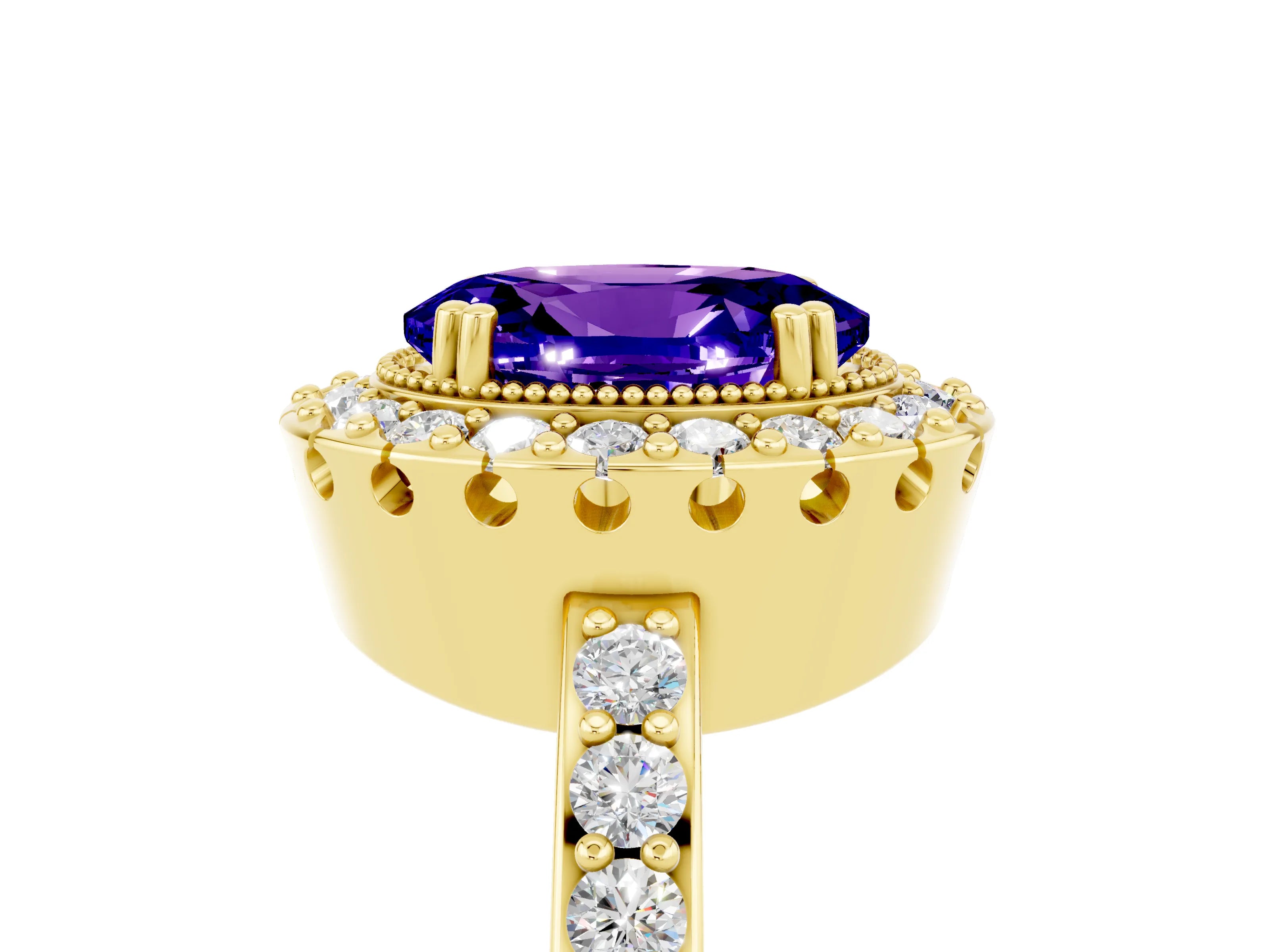 Yellow gold Oval Cut Diamond Halo Ring with Pavé Band and Prong Setting_5