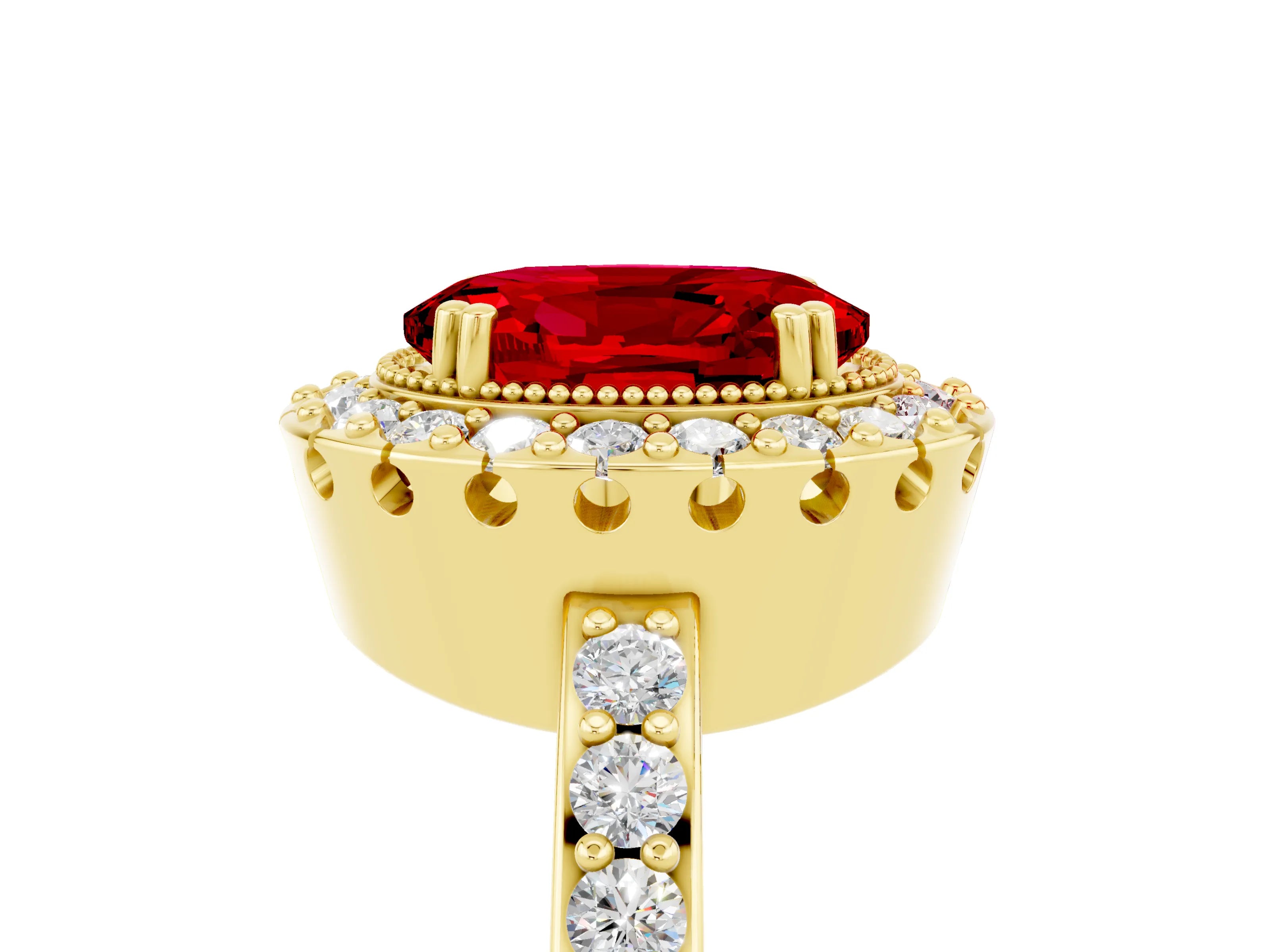 Yellow gold Oval Cut Diamond Halo Ring with Pavé Band and Prong Setting_5