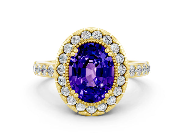 Yellow gold Oval Cut Tanzanite Halo Ring with Pavé Band and Prong Setting
