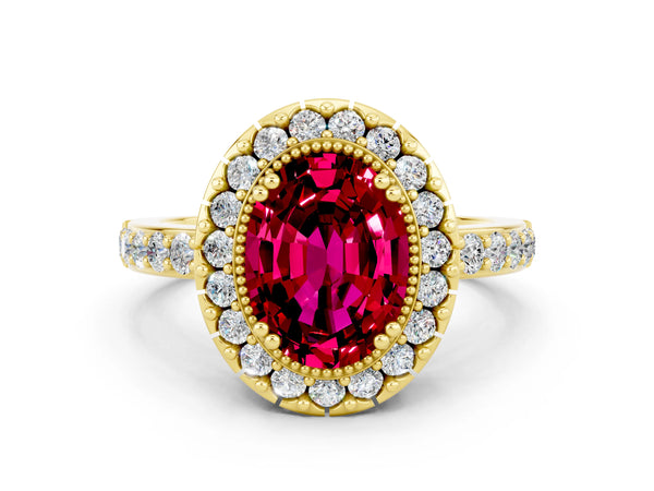 Yellow gold Oval Cut Garnet Halo Ring with Pavé Band and Prong Setting