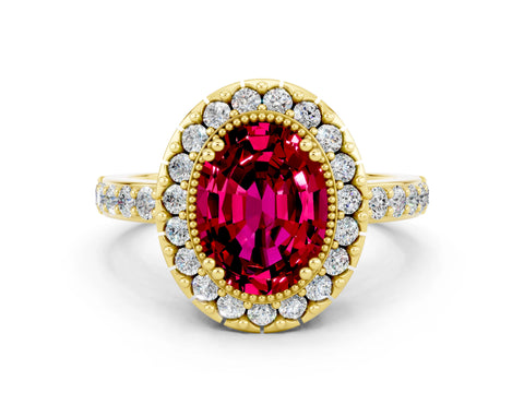 Yellow gold Oval Cut Diamond Halo Ring with Pavé Band and Prong Setting