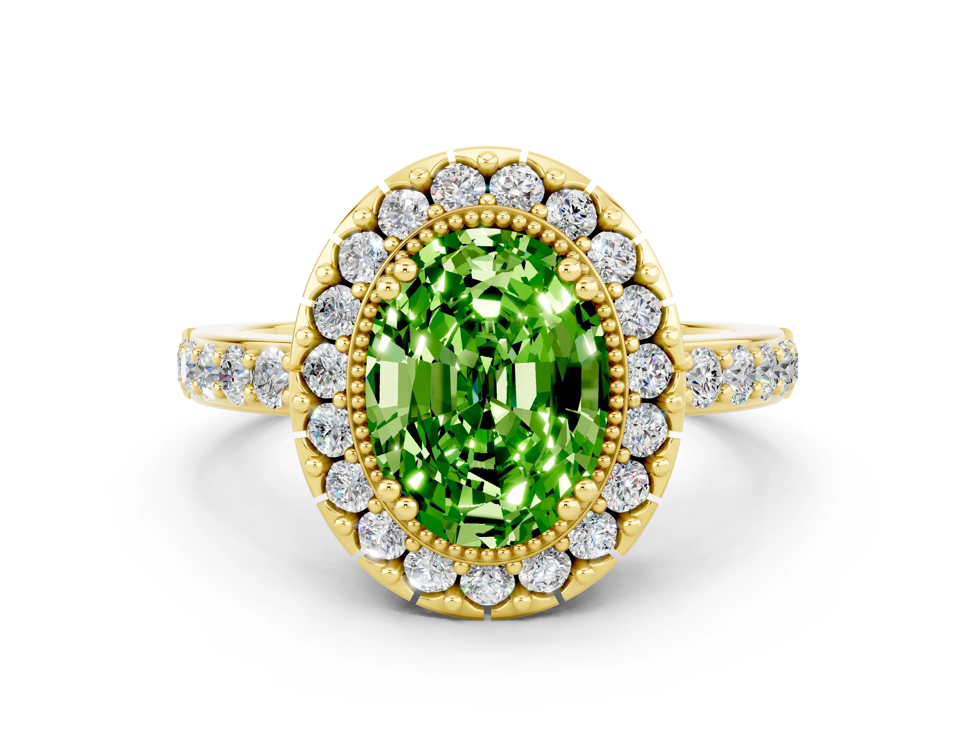 Yellow gold Oval Cut Diamond Halo Ring with Pavé Band and Prong Setting