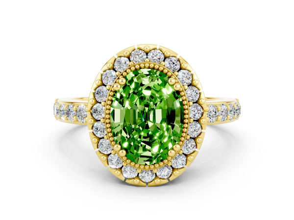 Yellow gold Oval Cut Peridot Halo Ring with Pavé Band and Prong Setting