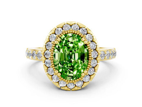 Yellow gold Oval Cut Diamond Halo Ring with Pavé Band and Prong Setting