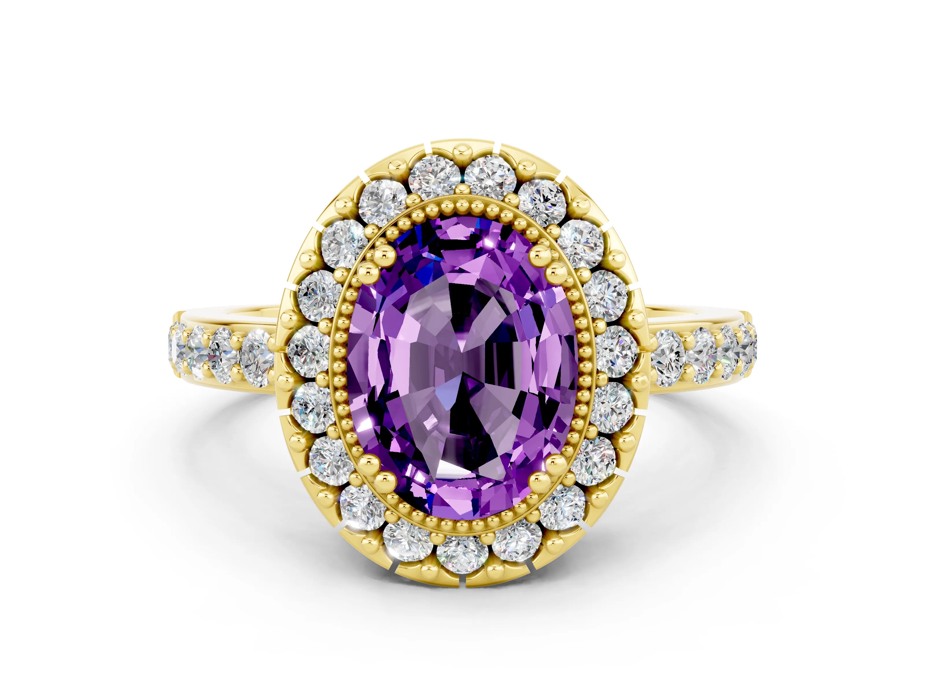 Yellow gold Oval Cut Diamond Halo Ring with Pavé Band and Prong Setting