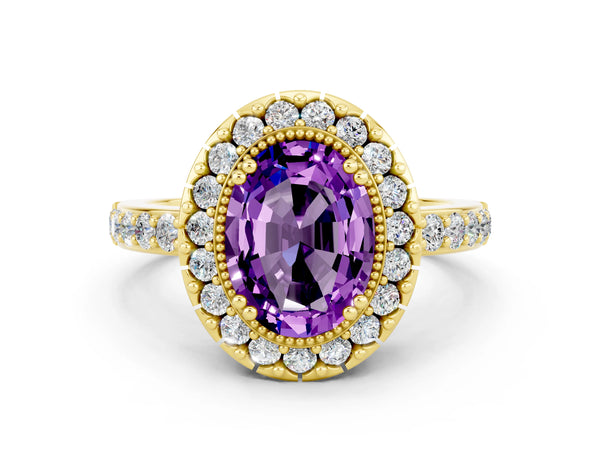 Yellow gold Oval Cut Amethyst Halo Ring with Pavé Band and Prong Setting