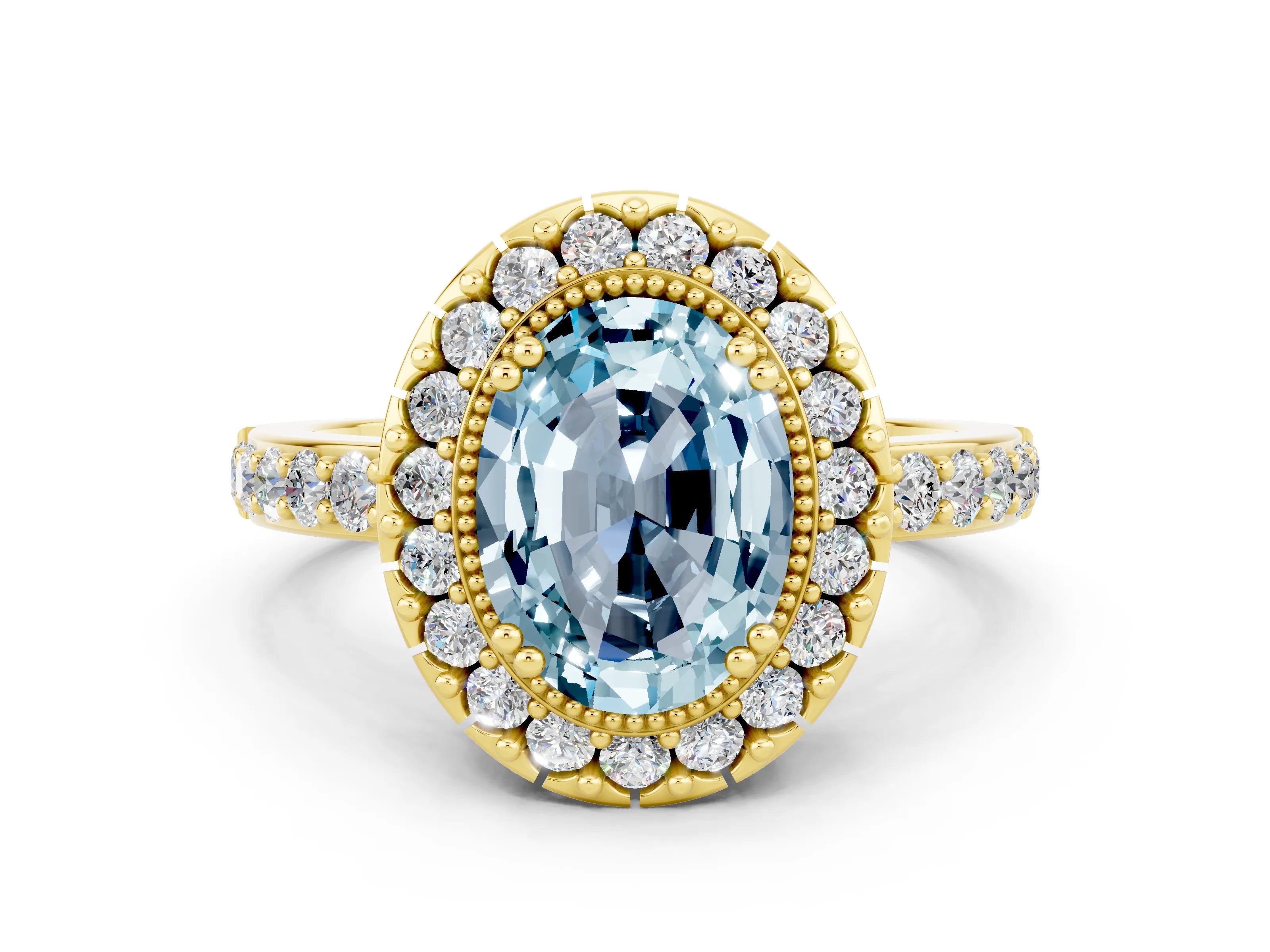 Yellow gold Oval Cut Diamond Halo Ring with Pavé Band and Prong Setting