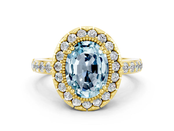 Yellow gold Oval Cut Aquamarine Halo Ring with Pavé Band and Prong Setting