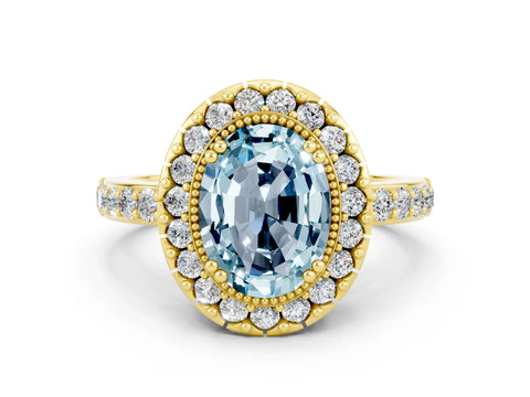 Yellow gold Oval Cut Diamond Halo Ring with Pavé Band and Prong Setting