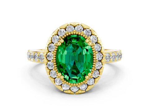 Yellow gold Oval Cut Diamond Halo Ring with Pavé Band and Prong Setting