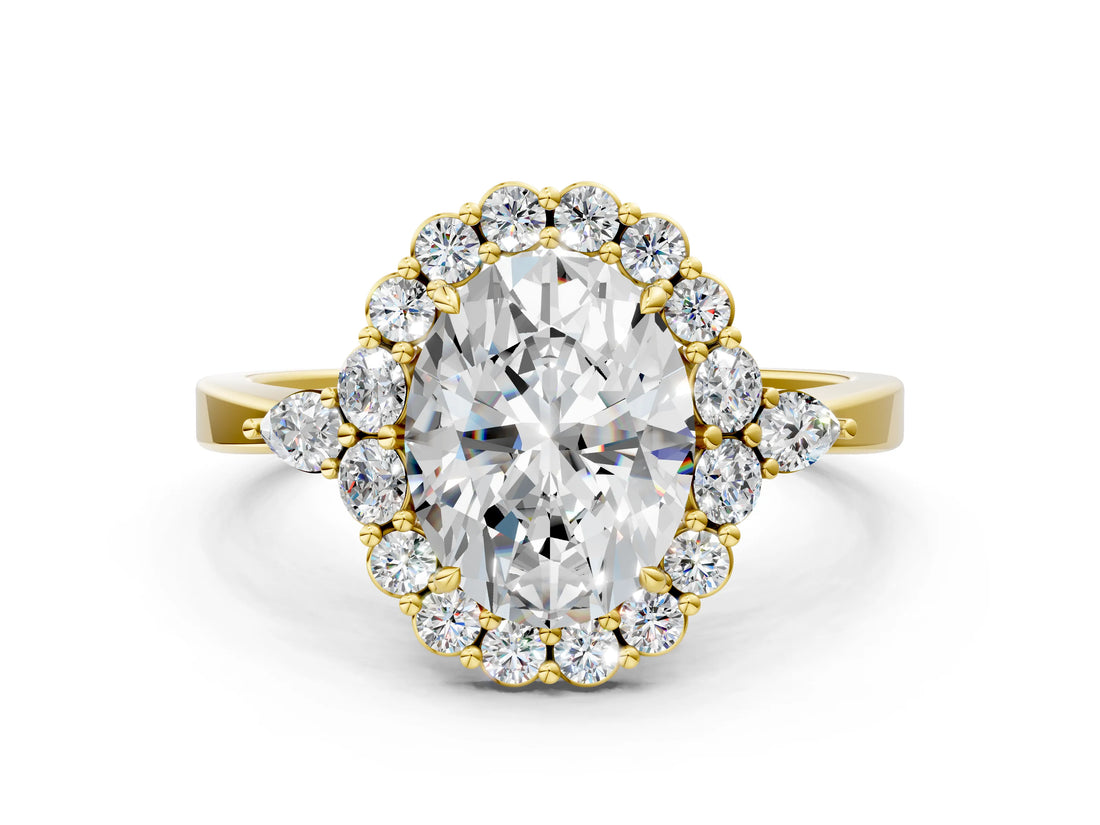 Yellow gold Oval Cut Diamond Halo Ring with Pear Side Stones and Prong Setting_58