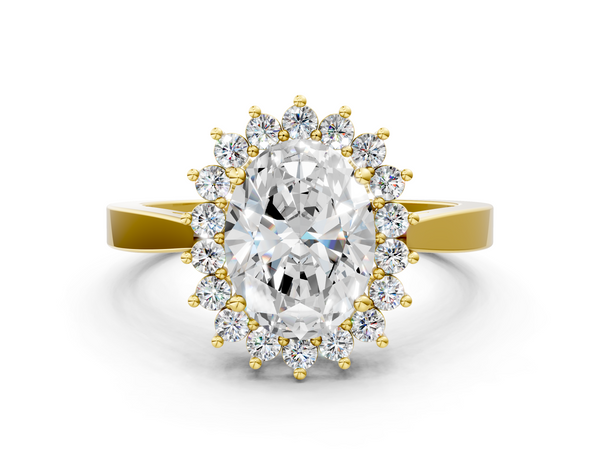 Yellow gold Oval Cut Diamond Halo Ring with Round Brilliant Halo and Solitaire Band