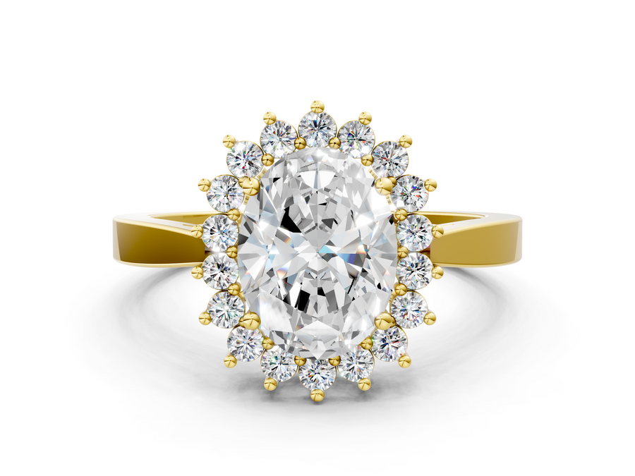 Yellow gold Oval Cut Diamond Halo Ring with Round Brilliant Halo and Solitaire Band