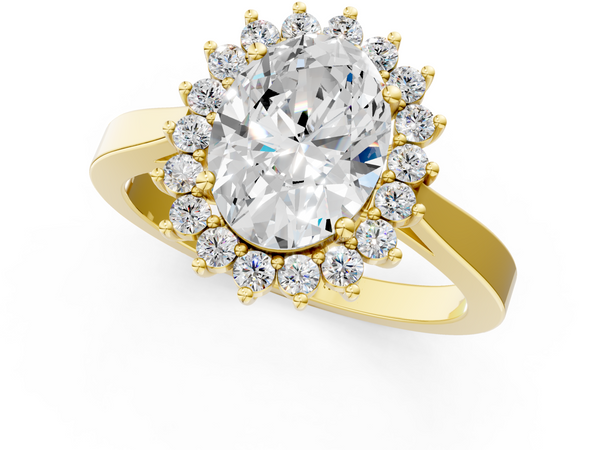Yellow gold Oval Cut Diamond Halo Ring with Round Brilliant Halo and Solitaire Band