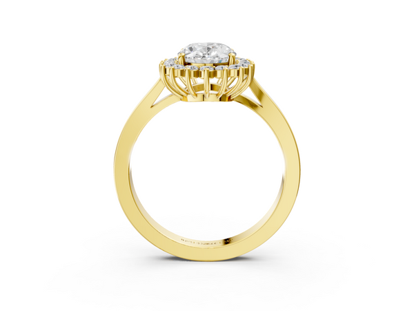 Yellow gold Oval Cut Diamond Halo Ring with Round Brilliant Halo and Solitaire Band