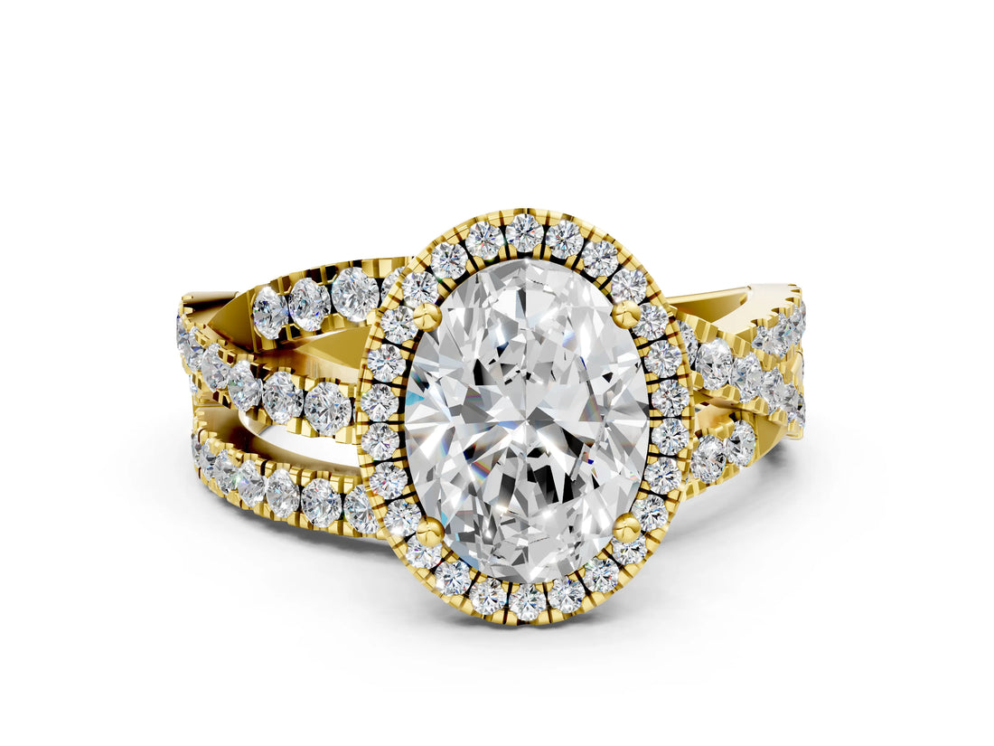 Yellow gold Oval Cut Diamond Halo Ring with Round Split Shank and Prong Setting_48