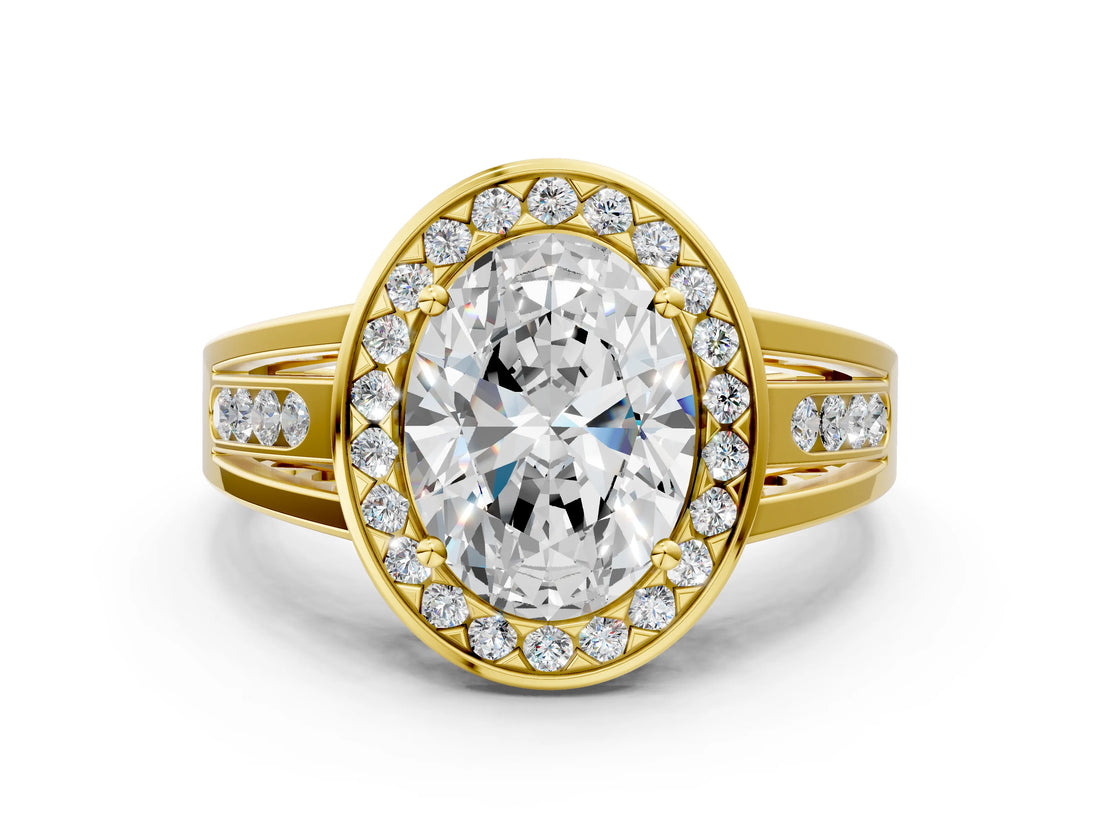 Yellow gold Oval Cut Diamond Halo Ring with Split Shank and Bezel Accents and Prong Setting_10