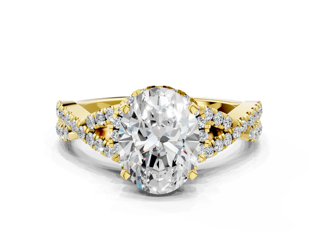Yellow gold Oval Cut Diamond  Halo Twist Band Solitaire Prong Setting Ring_126