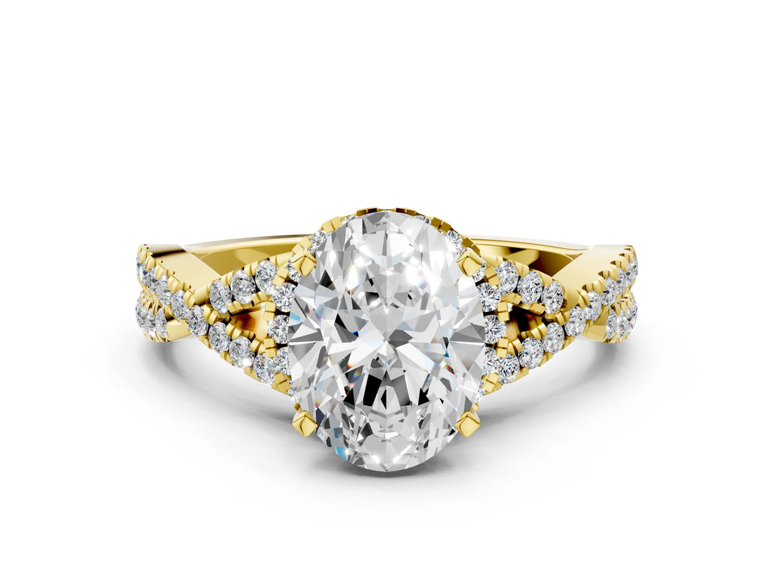 Yellow gold Oval Cut Diamond  Halo Twist Band Solitaire Prong Setting Ring_46