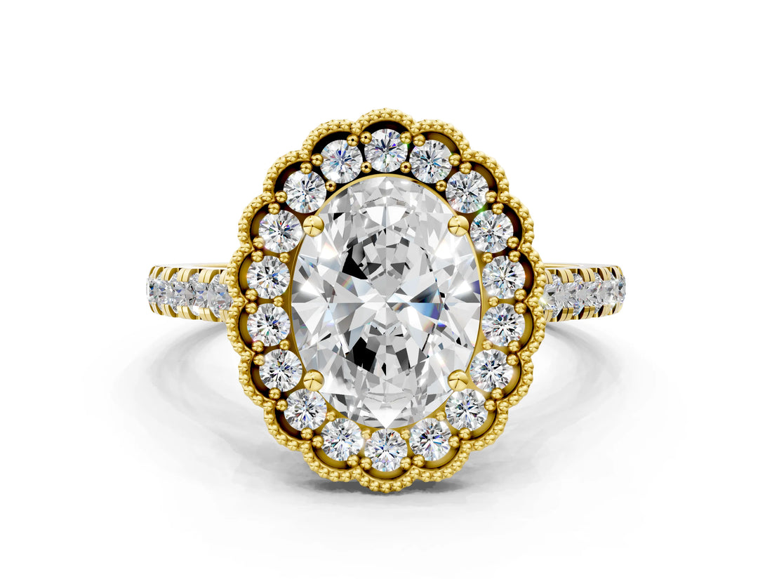 Yellow gold Oval Cut Diamond Milgrain Floral Halo Engagement Ring with Pavé Band_45