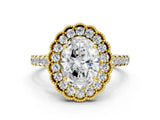 Yellow gold Oval Cut Diamond Milgrain Floral Halo Engagement Ring with Pavé Band_45