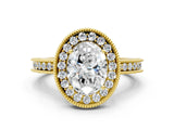 Yellow gold Oval Cut Diamond Milgrain Halo Engagement Ring with Round Pavé Band and Prong Setting_12