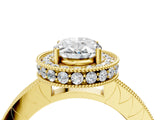 Yellow gold Oval Cut Diamond Milgrain Halo Engagement Ring with Round Pavé Band and Prong Setting_16