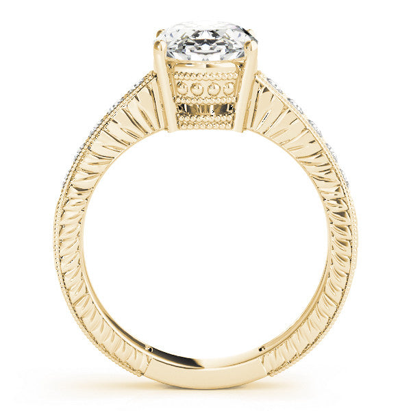 Yellow gold Oval Cut Diamond Milgrain Pave Band Four-Prong Setting Ring 2