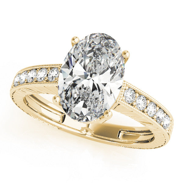 Yellow gold Oval Cut Diamond Milgrain Pave Band Four-Prong Setting Ring