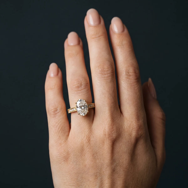 Yellow gold Oval Cut Diamond Milgrain Pave Band Four-Prong Setting Ring