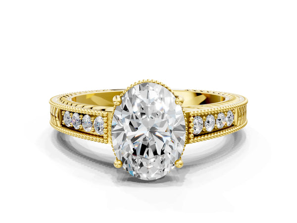Yellow gold Oval Cut Diamond Milgrain Pave Band Four-Prong Setting Ring