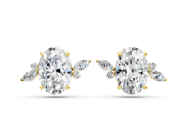Yellow gold Oval Cut Diamond Nature-Inspired Stud Earrings with Marquise and Round Accents