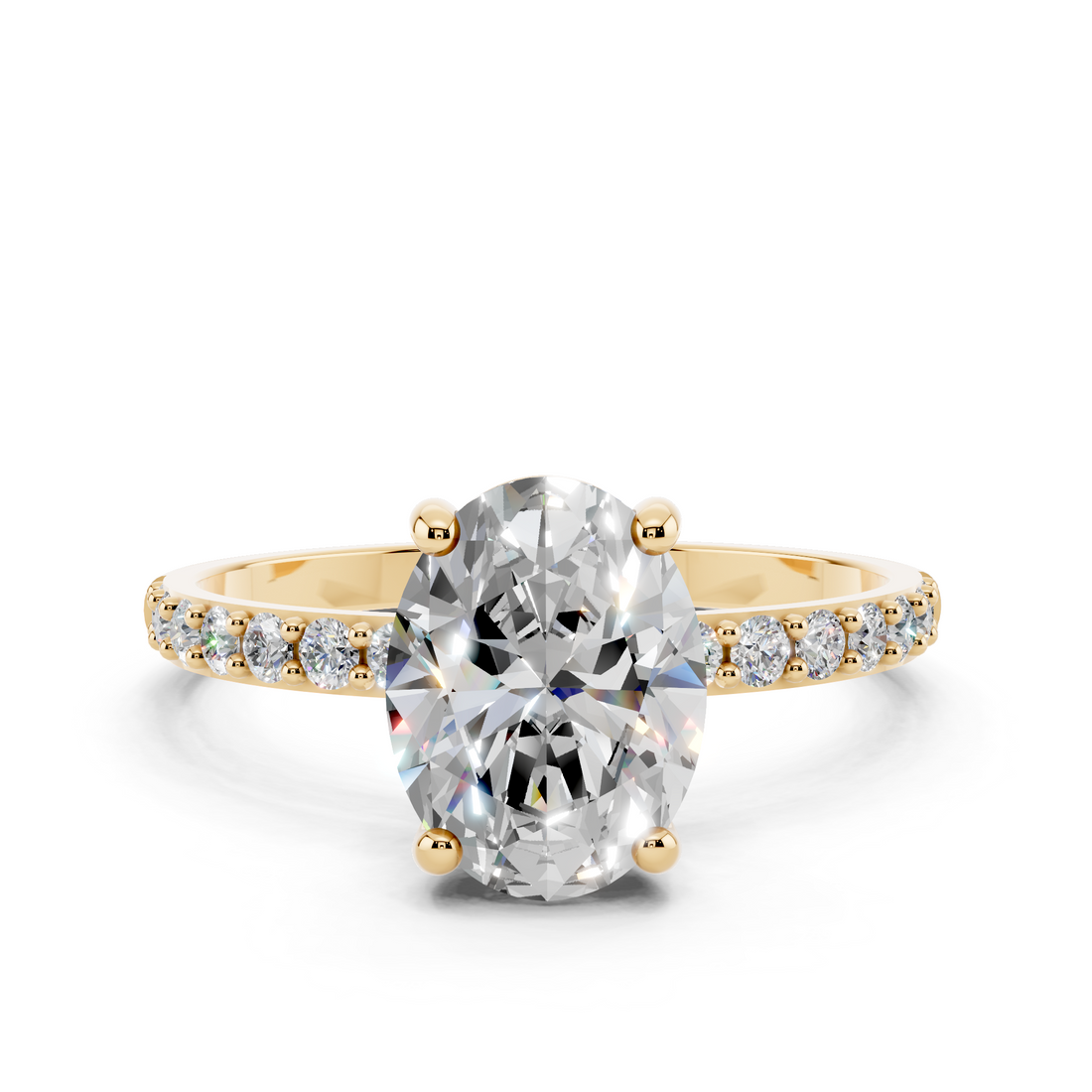 14K Yellow Gold 2.06 Carat E VVS2 Oval Cut Diamond Pavé Band Solitaire Ring with Four-Prong Setting