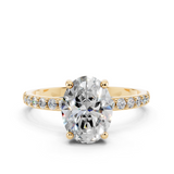 14K Yellow Gold 2.06 Carat E VVS2 Oval Cut Diamond Pavé Band Solitaire Ring with Four-Prong Setting