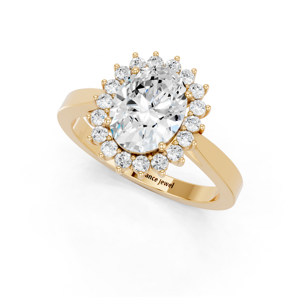 14K Yellow Gold 2.06 Carat E VVS2 Oval Cut Diamond Pavé Band Solitaire Ring with Four-Prong Setting