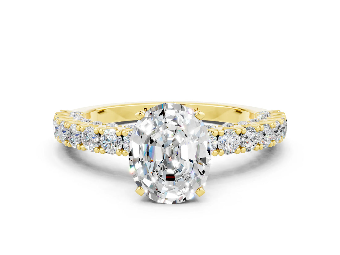 Yellow gold Oval Cut Diamond Pavé Band Solitaire Ring with Prong Setting