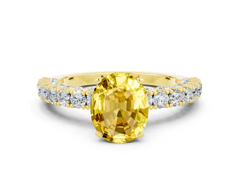 Yellow gold Oval Cut Diamond Pavé Band Solitaire Ring with Prong Setting