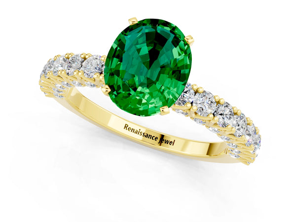 Yellow gold Oval Cut Diamond Pavé Band Solitaire Ring with Prong Setting