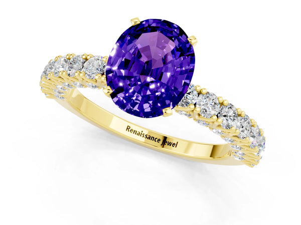 Yellow gold Oval Cut Diamond Pavé Band Solitaire Ring with Prong Setting