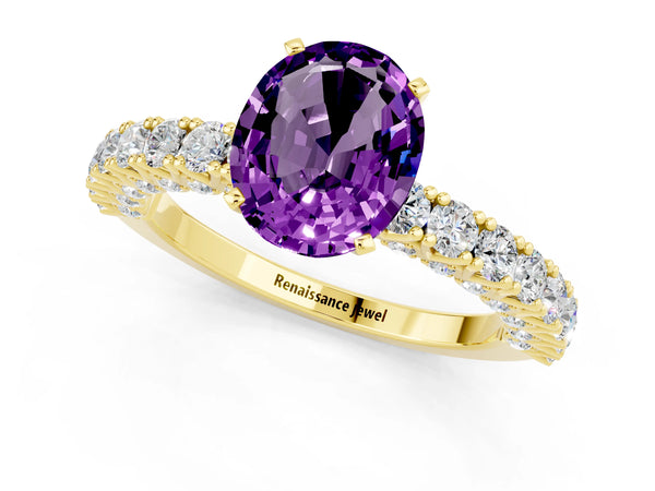 Yellow gold Oval Cut Amethyst Solitaire Ring with Round Accent Pavé Band and Prong Setting