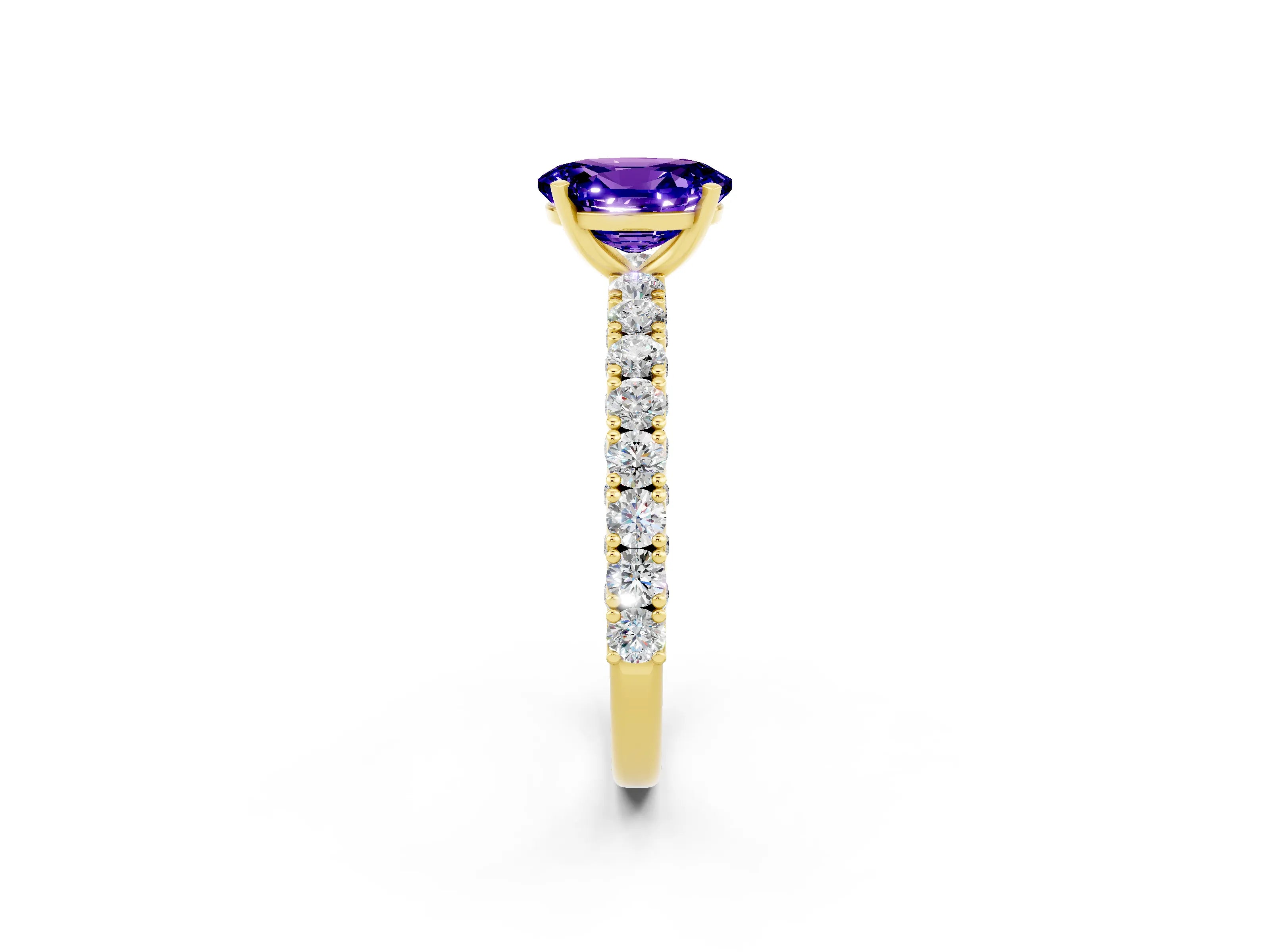 Yellow gold Oval Cut Diamond Pavé Band Solitaire Ring with Prong Setting_2