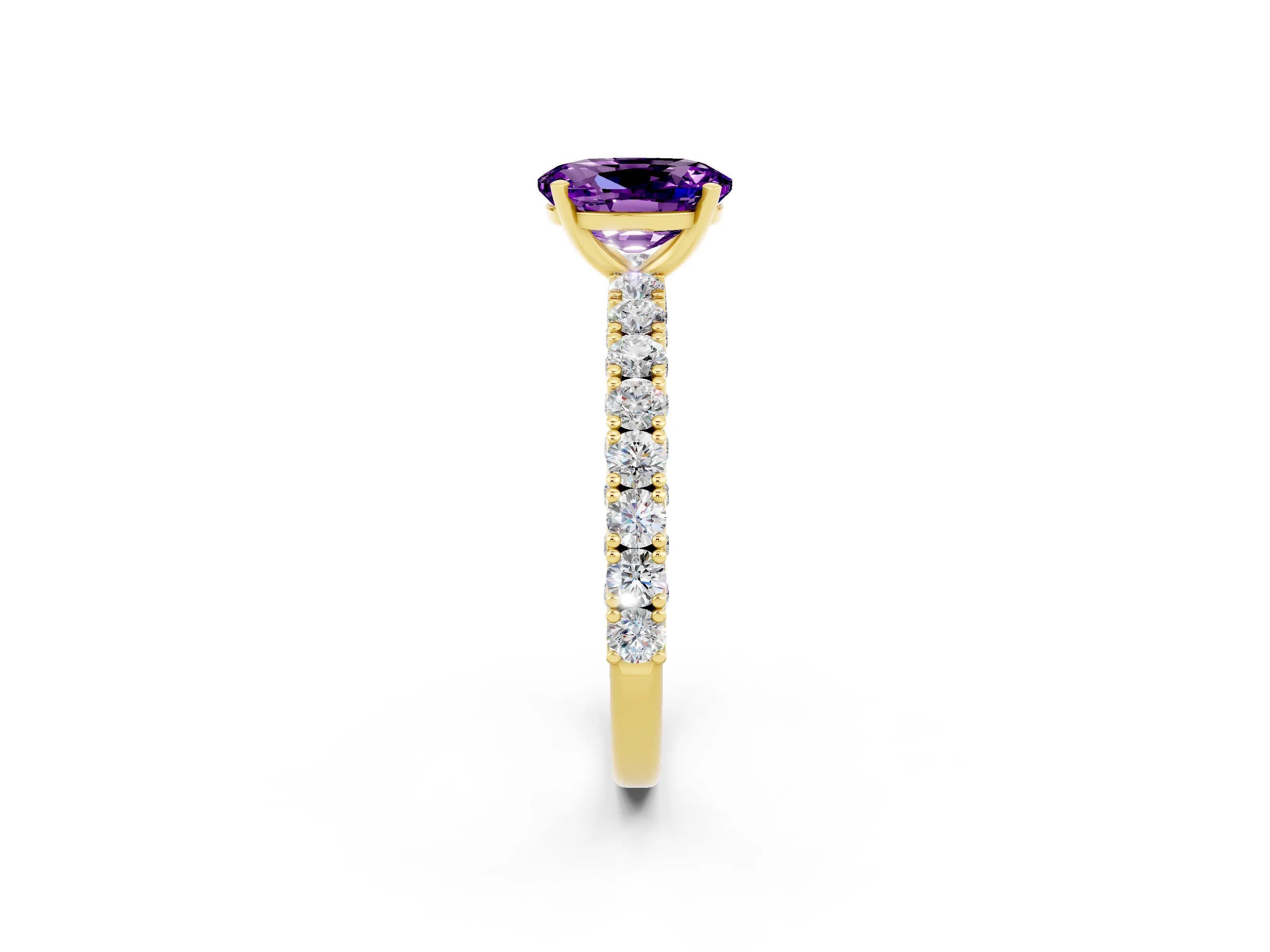 Yellow gold Oval Cut Diamond Pavé Band Solitaire Ring with Prong Setting_2