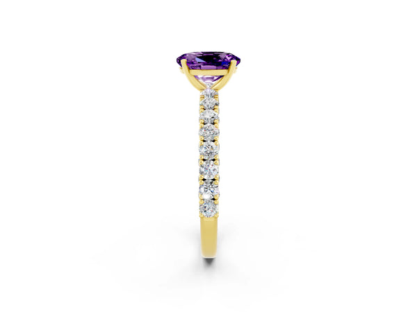Yellow gold Oval Cut Amethyst Solitaire Ring with Round Accent Pavé Band and Prong Setting