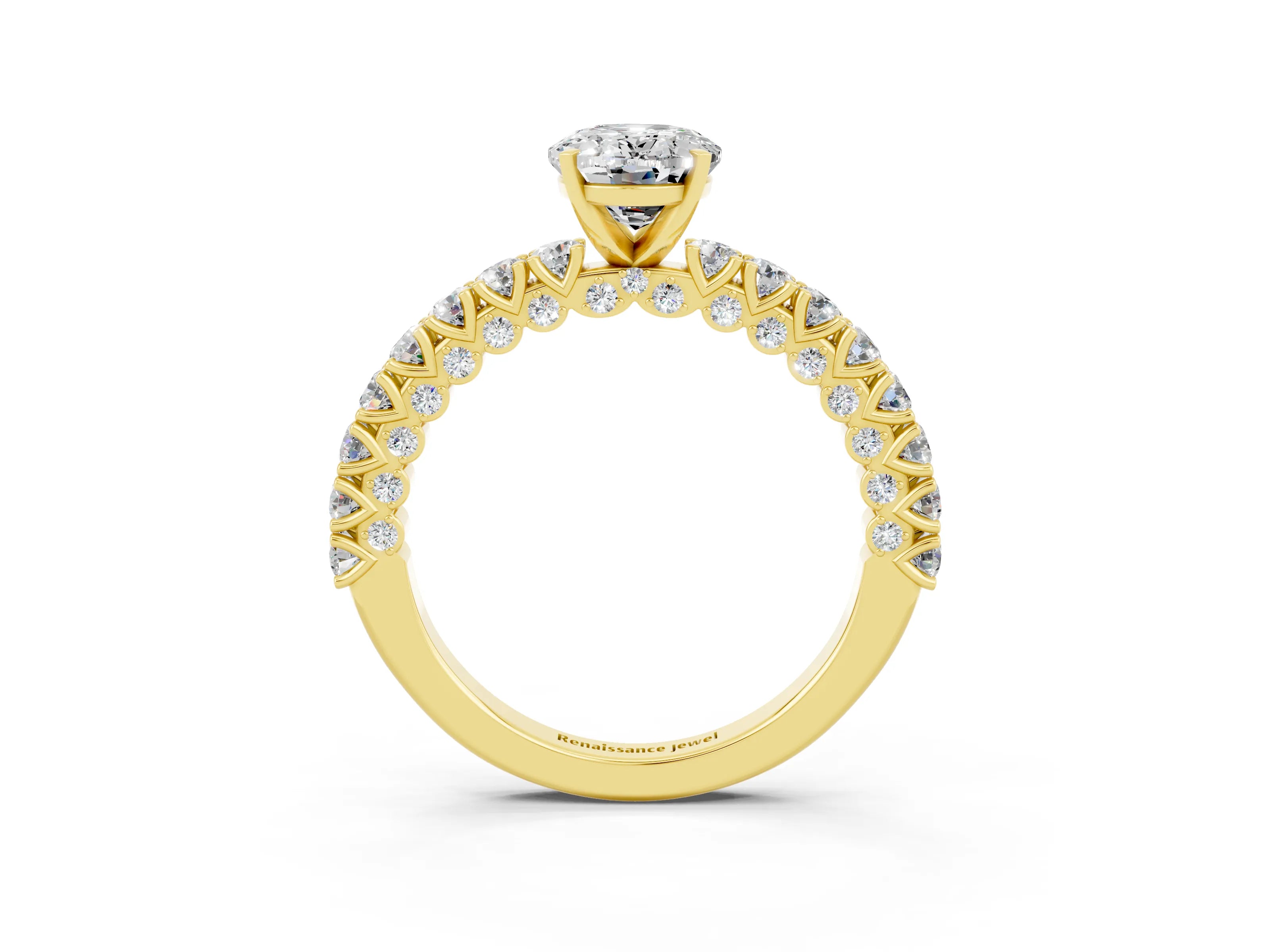 Yellow gold Oval Cut Diamond Pavé Band Solitaire Ring with Prong Setting_3
