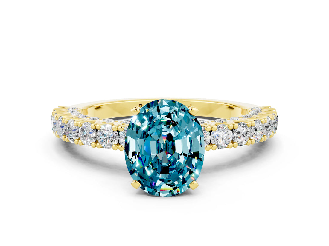 Yellow gold Oval Cut Diamond Pavé Band Solitaire Ring with Prong Setting