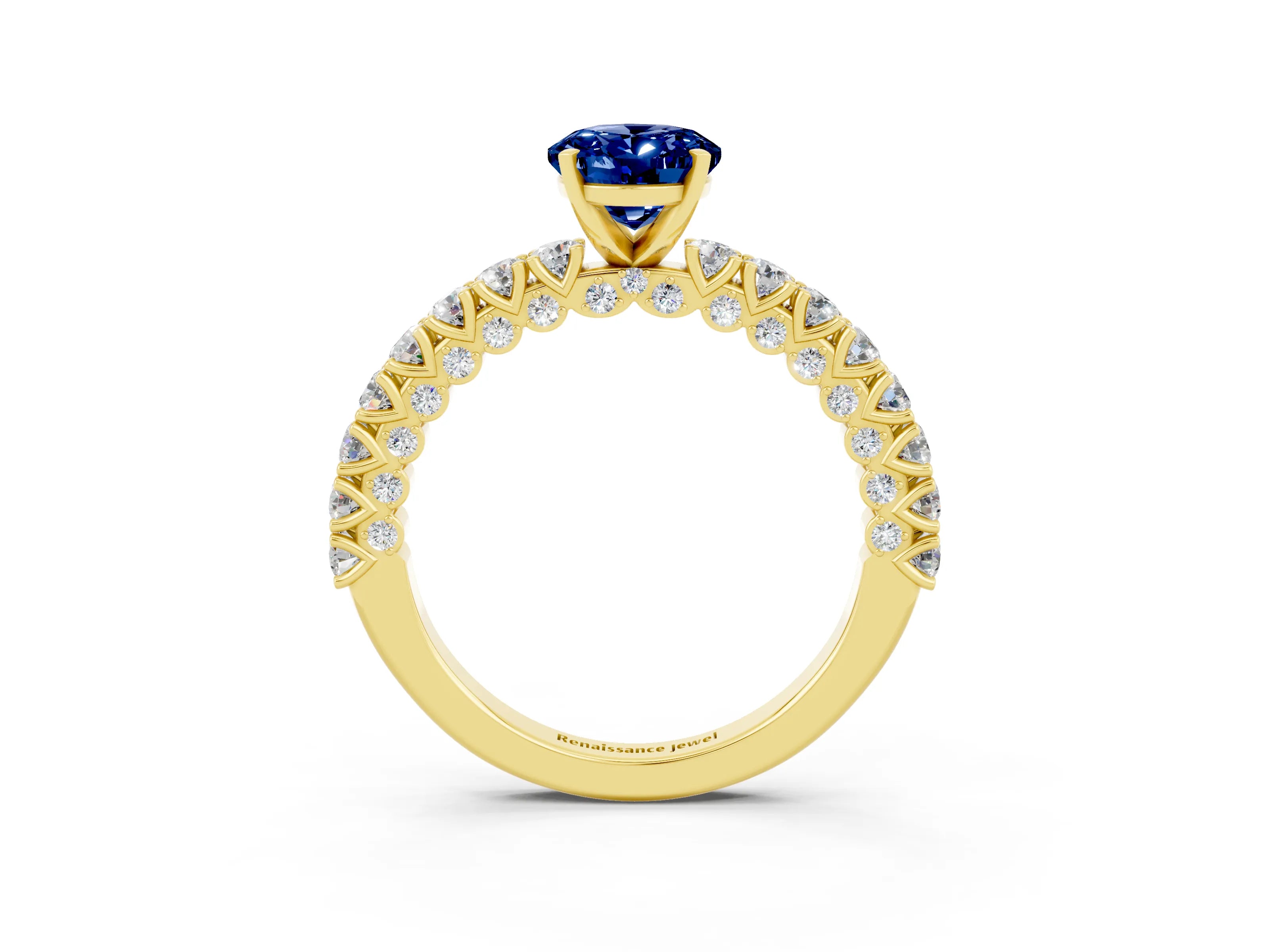 Yellow gold Oval Cut Diamond Pavé Band Solitaire Ring with Prong Setting_3
