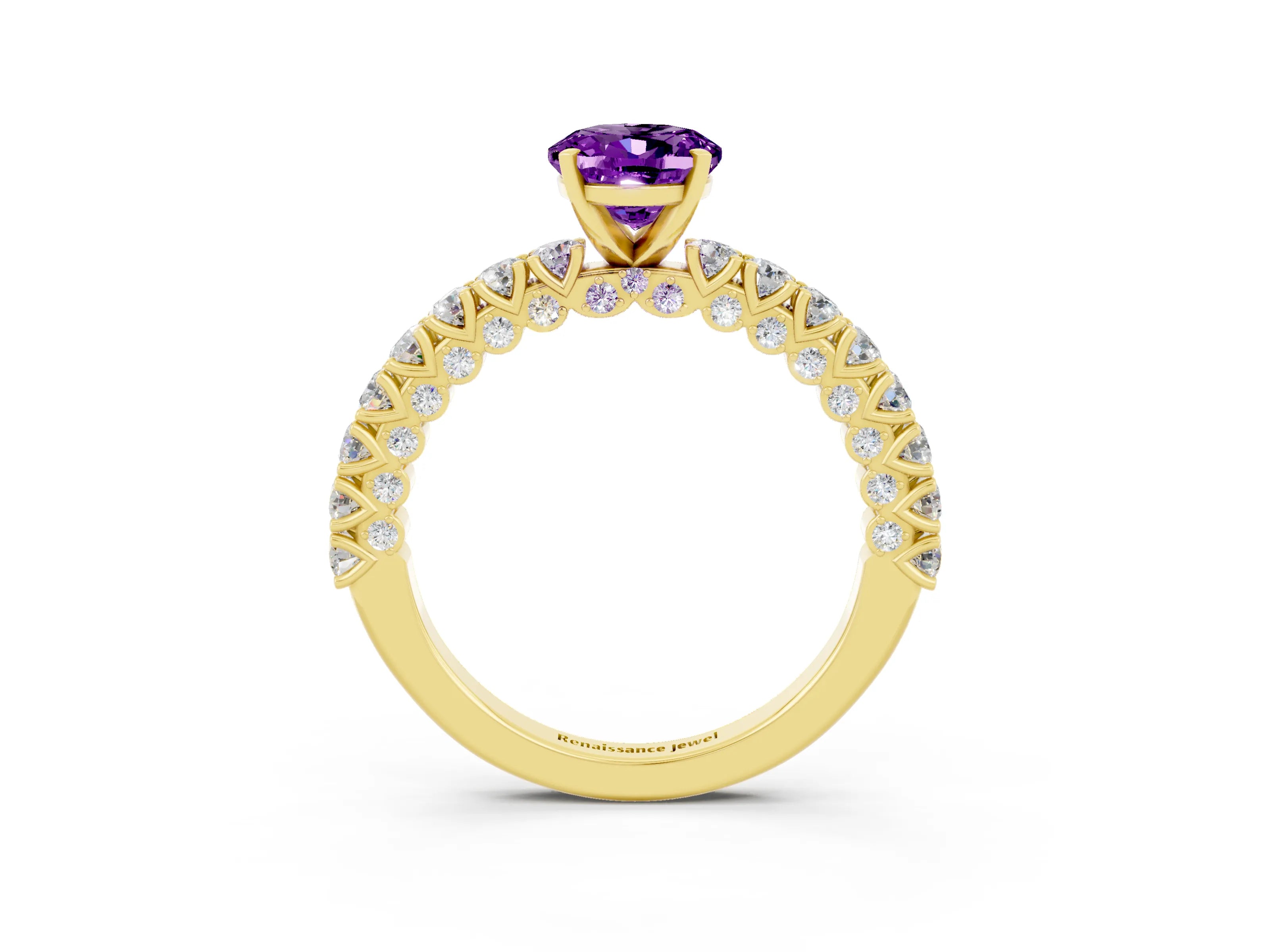 Yellow gold Oval Cut Diamond Pavé Band Solitaire Ring with Prong Setting_3